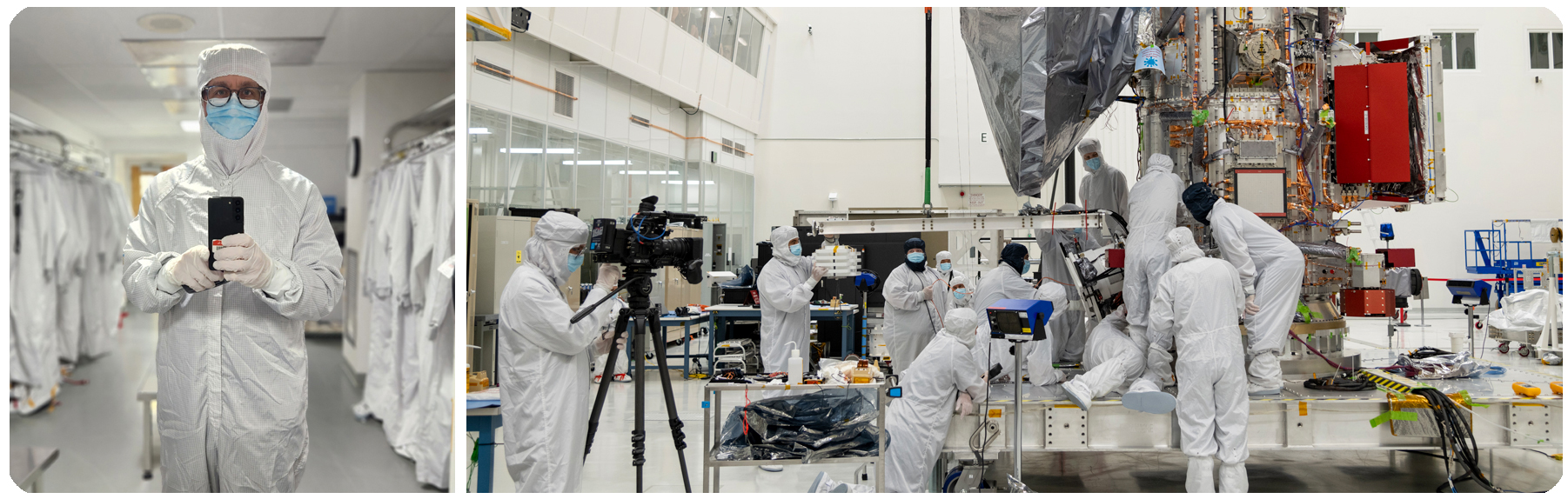Anthony Penta gowning up to document the construction of the Europa Clipper in High Bay 1 at JPL