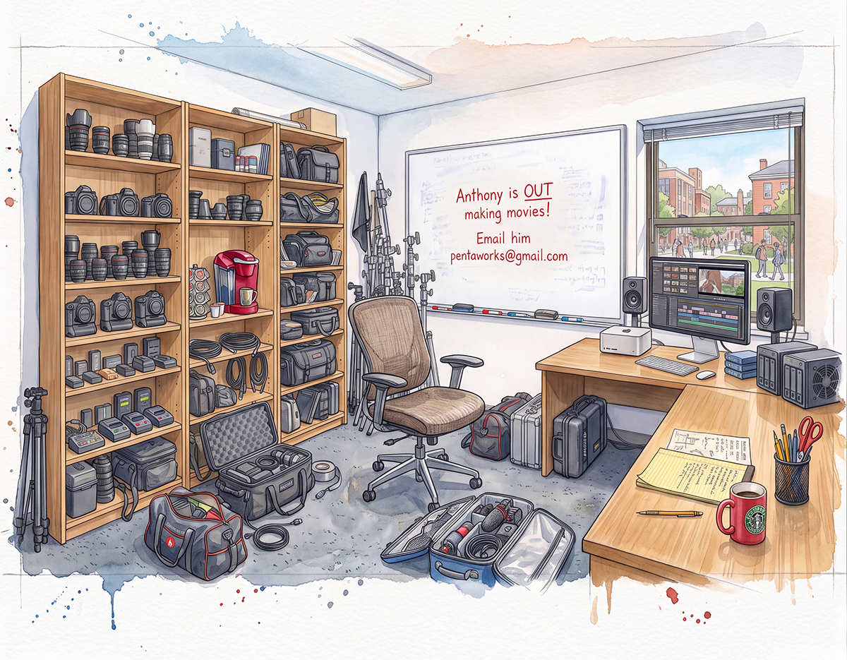 Illustration of Anthony's video production office with a whiteboard reading: Anthony is OUT making movies!