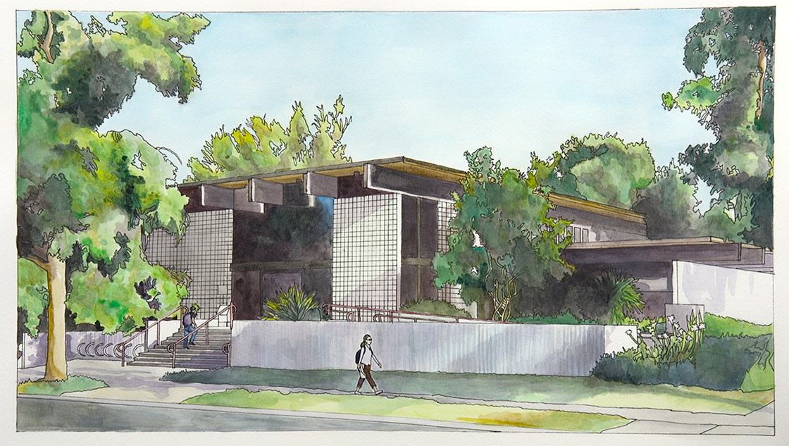 Watercolor painting of The Huntley Bookstore at Claremont Graduate University